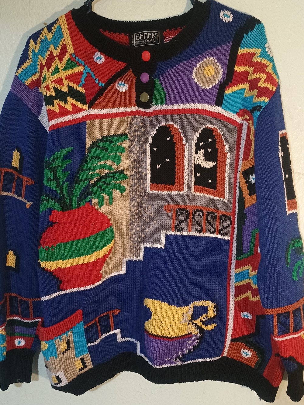 Berek Vintage 1989 Multicolor Graphic Hand-Knit Pullover Sweater With Pocket
